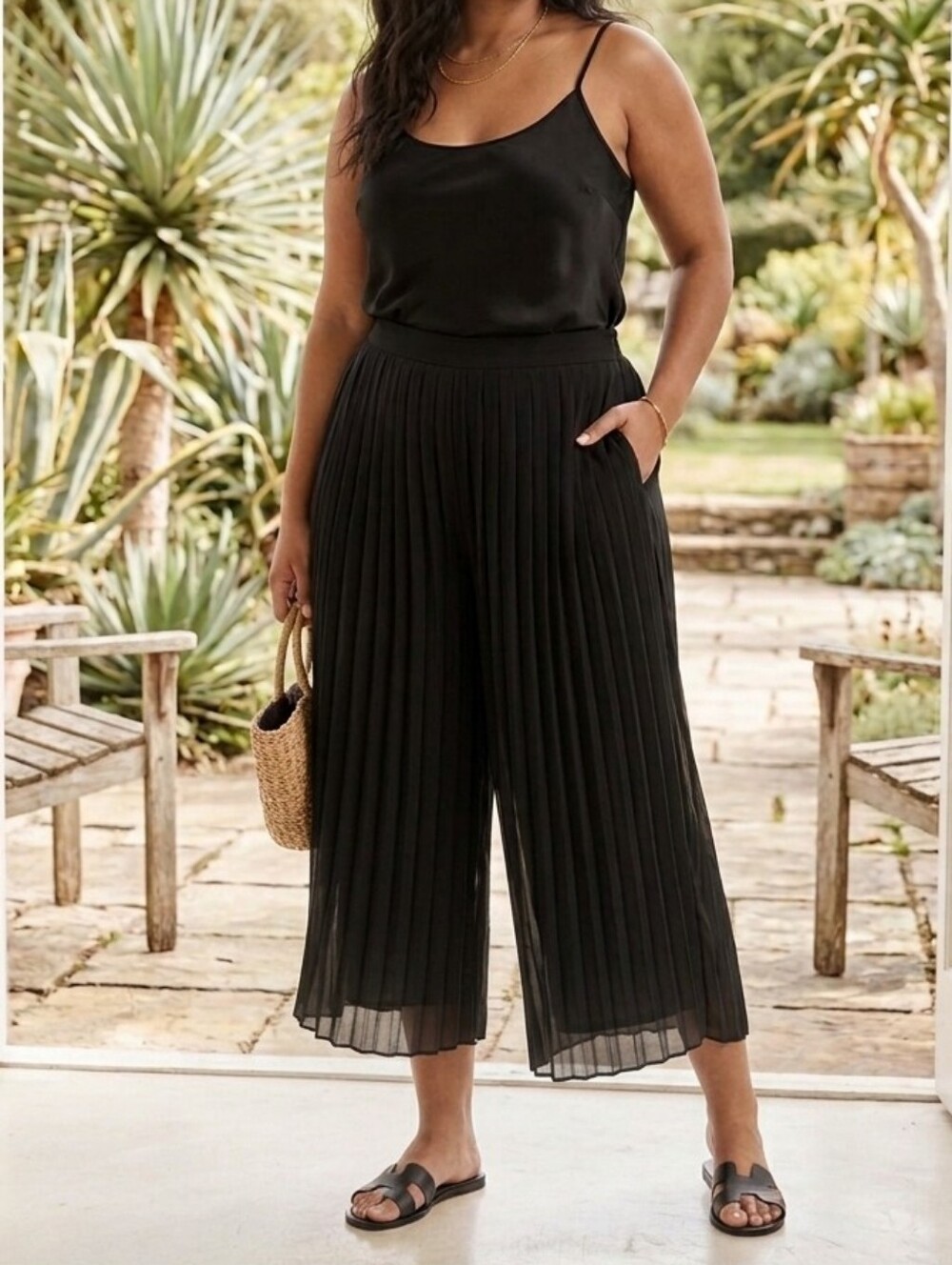 {NY Collection} Black Pleated Wide Leg Crop Pants - Size XL